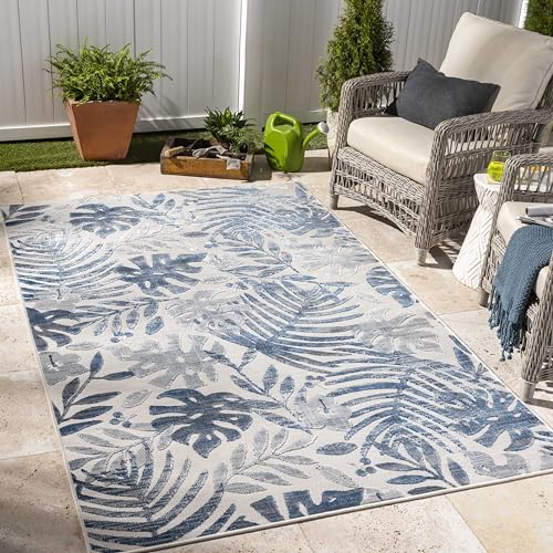 Mark&Day Outdoor Rugs, 5x7 Delia Coastal Indoor/Outdoor Dark Blue Area Rug, Non Shedding Blue Beige Carpet for Patio, Porch, Deck, Bedroom, Living Room or Kitchen (5'2" x 7')