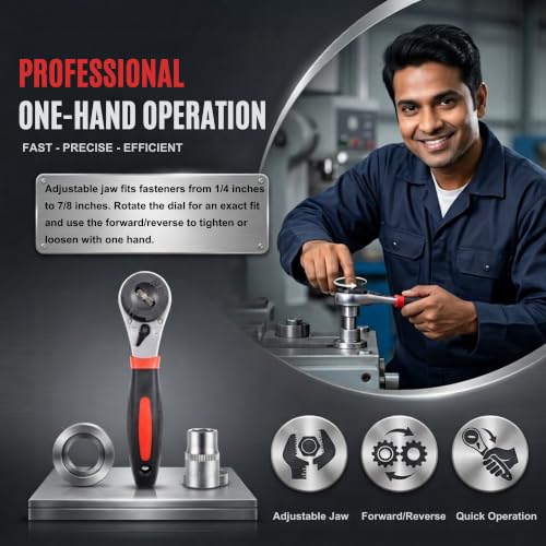 Image of HUPLA Universal Self Adjusting Ratchet Wrench 6-22mm | CR-V Steel Adjustable Socket Wrench | Reversible 60-Tooth Ratchet | Fits Metric 6-22mm & SAE 1 /4 inch-7 /8 inch Nuts & Bolts | Car, Bike & Home Repair