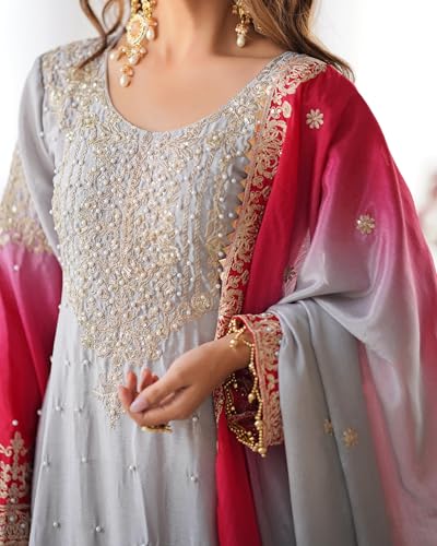 Image of Pandadi Saree Women's Chinon Silk Embroidery Kurta Sharara Set With Dupatta.
