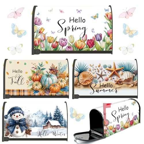 InIsaJace Mailbox Covers Magnetic Standard Size 18'X21', 4PCS Hello Spring Summer Fall Winter Mailbox Covers Wraps, Holiday Flower Beach Pumpkin Snowman Home Garden Yard Outside Decor
