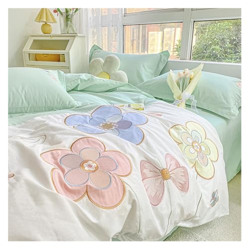 Housse de couette brodée florale ensemble de literie coton vert