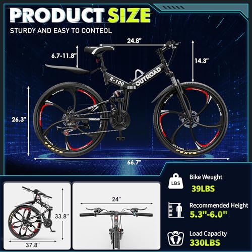 26 Inch Folding Mountain Bike, 21 Speed Full Suspension