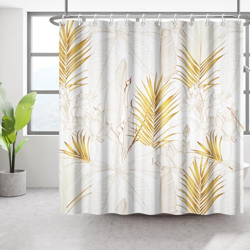 Bovlleetd 72x84inch Gold Plant Shower Curtain Lotus Palm Leaf Bathroom Curtain Simple Banana Leaf Shower Curtains Waterproof Bathtub Curtain Art Bathroom Decorative Curtain with Hook