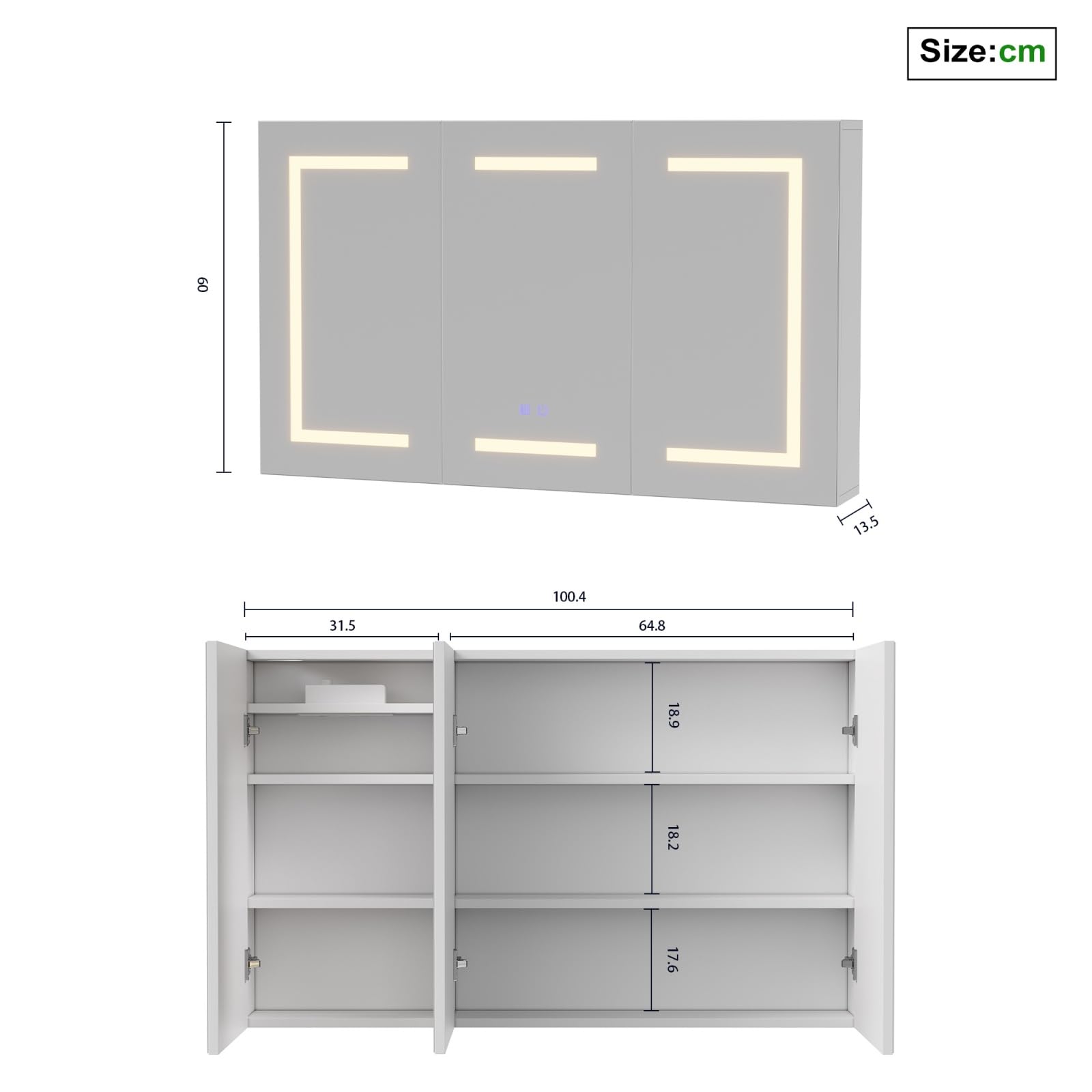 Lustro z oświetleniem łazienkowym LED, lustro łazienkowe LED z 3 drzwiami, regulowana temperatura kolorów, przeciwmgielne, wylot i USB, regulowane półki, podświetlana szafka łazienkowa z
