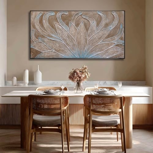 Image of Framed Abstract Neutral Floral Wall Art for Living Room, Minimalist Brown Flower Painting Print Canvas Artwork for Walls, Nature Plant Modern Wall Decor for Bedroom Home Office 24x48 In