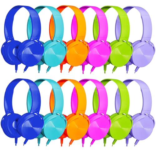 Wensdo Bulk Headphones 12 Pack Mixed Cloros for Classroom Kids, Wholeslae Wired Durable Earphones Class Set for Students Children Toddler Teens Boys Girls and Adult (HY450, 12 PCS)