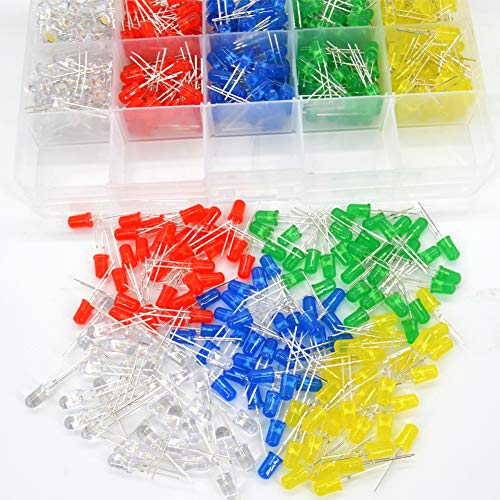 500 Pcs 5mm LED Light Emitting Diode Assortment Kit,Low Voltage Diffused Diode for DIY PCB Circuit,Indicator Lights