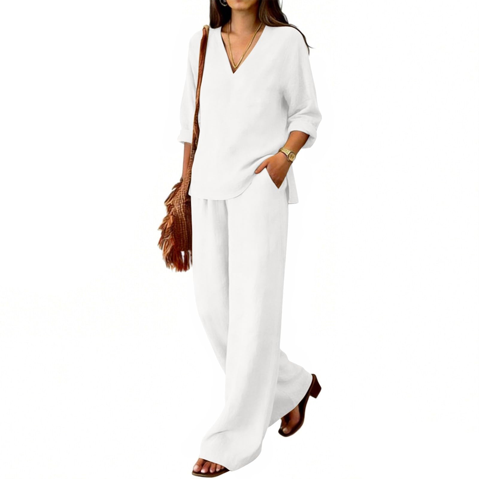 Completi Lino Donna Estivi 2 Pezzi Camicia E Pantaloni Cotone Tuta Elegante Taglie Forti Completo Estiva Curvy Tute Casual Set Leggera Larghi Completi Per L’estate Vacanza Tinta Unita Sportiva