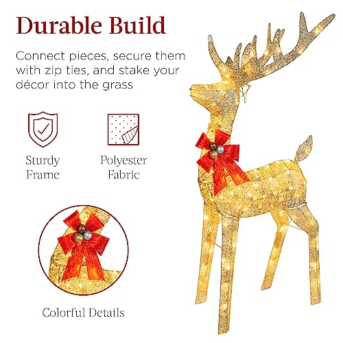 Best Choice Products Lighted Christmas 4ft Reindeer & Sleigh Outdoor Yard Decoration Set w/ 205 LED Lights, Stakes, Zip Ties - Gold