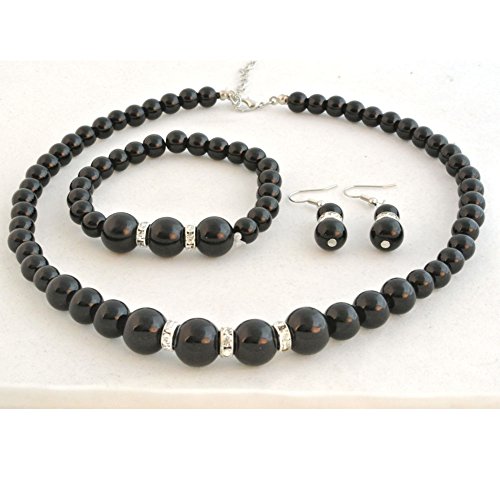 Faux Pearl Necklace Earring and Bracelet Black Costume Jewelry Set for Women2