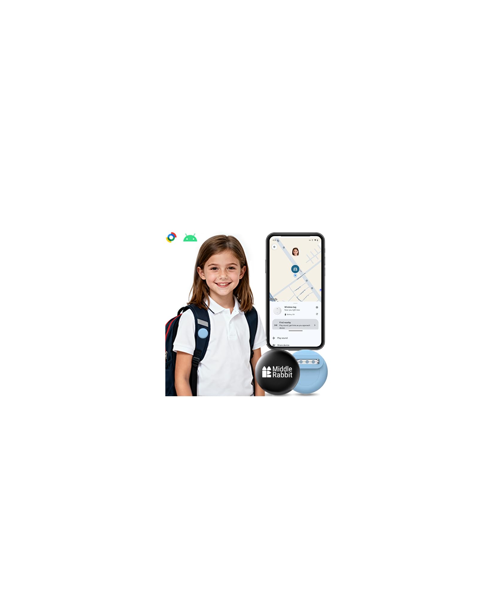 Traceur Enfant pour Android, Compatible Google Find Hub, sans abonnement, Balise Bluetooth avec étui en Silicone et épingle de sûreté, pour vêtements, Cartable, Sac et école