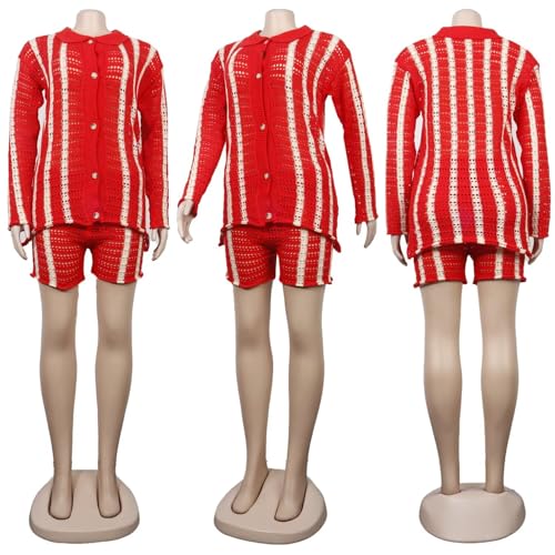 Image of Womens Fashion Stripe Knit Sweater Cardigan 2 Piece Outfits，Long Sleeved Woollen Cardigan and Shorts Suit