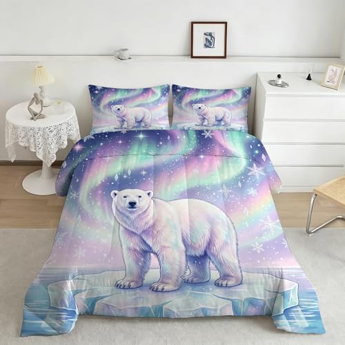 Image of Polar Bear Comforter Set King Size, Wild Animal Bedding Set for Kid Teen Boy Girl Adult, Northern Lights and Snowflake Print, Bedroom Decor 1 Comforter 2 Pillowcases