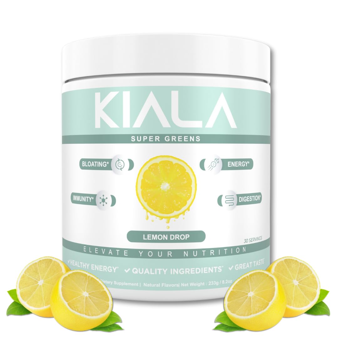 Kiala Nutrition New Super Greens, Organic Greens Powder with Spirulina & Chlorella for Digestion, Gut Health, Immunity & Energy, Gluten Free, Vegan, Daily Support for Women, Lemon Drop, 30 Servings