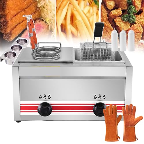 HMASNSEIY Freidora eléctrica Comercial de 20 l con Doble Tanque de Acero Inoxidable, Tapa y cestas, Ideal para Uso doméstico y Comercial (con Guantes).