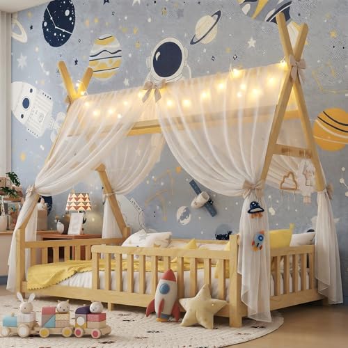 Mirightone Teepee Floor Bed for Kids, Full Size Montessori Beds with Rails & LED Light, Detachable Floor Tent Bed with Slats and Hanging Rack, Wood House Bedframe for Boys Girls, Natural