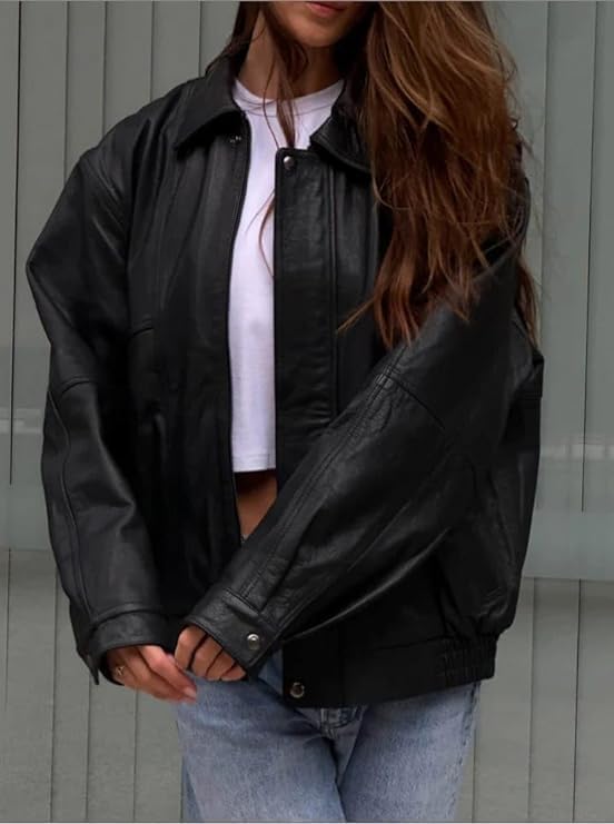 Women’s Fashion 90'S Ultra Vintage Oversized Classic Style Genuine Leather Bomber Jacket2