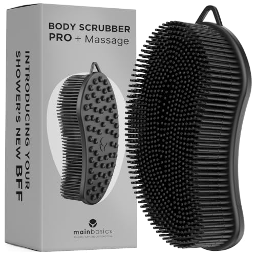 Image of MainBasics Exfoliating Silicone Body Scrubber Pro 2-in-1 Shower Scrubber for Body, Silicone Loofah and Body Massager (Black, Body + Massage)