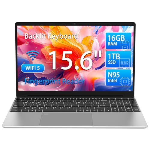 Molegar 15.6' FHD Laptop,Portable Laptop Computer with Backlit Keyboard,180 ° Angle Opening,Fingerprint Reader,6H Battery,Webcam,WiFi 5,BT 4.2,Mini HDMI,USB 3.0 (16GB DDR4 RAM 1TB SSD, Silver)