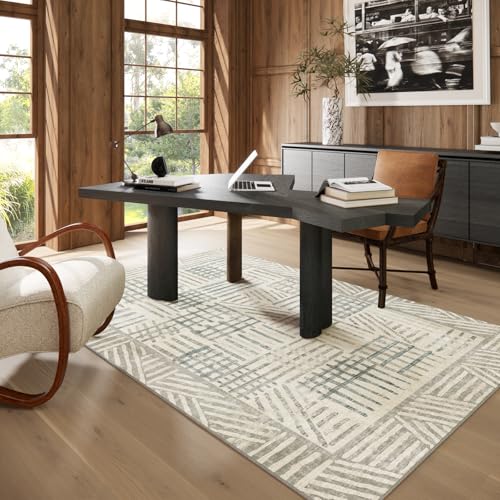 Image of Area Rug 4x6 Abstract Geometric Textured Brushstroke - Neutral Gray & Light Blue Modern Minimalist Area Rug, Decorative Carpet for Living Room Bedroom Home Decor
