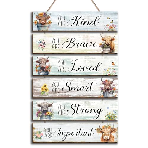 Image of 6 Pieces Inspirational Highland Cow Decor Wall Art - Wooden Rustic Farmhouse Wall Art Painting Loved Brave Kind Enough Positive Quotes for Bathroom Bedroom Living Room