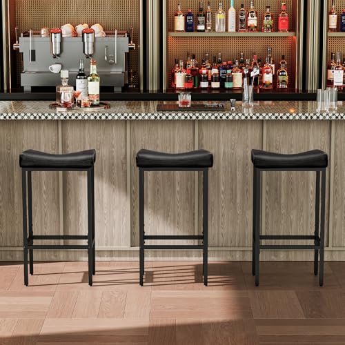 Image of HOOBRO Bar Stools,Set of 3 Bar Chairs, Counter Height Bar Stools, Saddle Stools, Set of 3 Kitchen Stools, 24.8 inch Barstools, 2.4 inch Thick Upholstery, for Kitchen, Dining Room, Cafe, Black BB10BYP301
