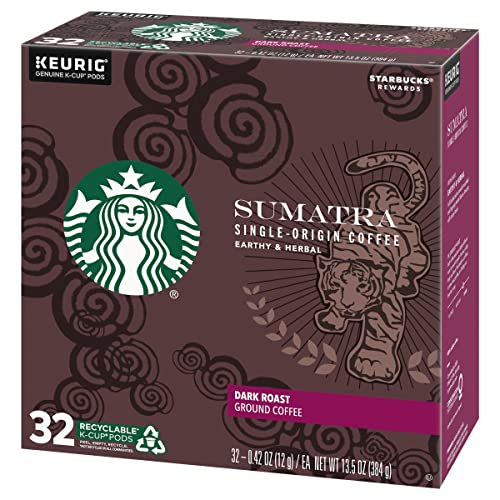 Image of Starbucks Coffee K-Cup Pods, Sumatra Single-Origin Coffee, Dark Roast Ground Coffee, Keurig Genuine K-Cup Pods, 32 CT K-Cup Pods Per Box (Pack of 3)