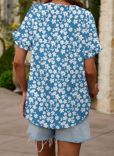 CRAZY GRID Women's Shirts Summer Casual Crewneck Ruffle Short Sleeve Blouses Cute Floral Print Tunic Tops