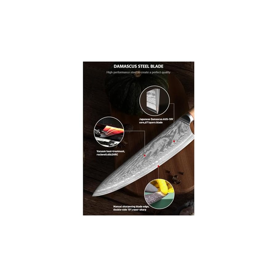 Knives Set for Kitchen Utensils Set for Damascus Steel Knife Set 10 PCS Solid Wood Handle, Japanese Damascus AUS-10Vcore,67 layers blade