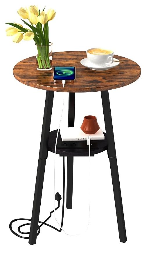 IRCPEN End Table with Charging Station, 2-Tier Small Round