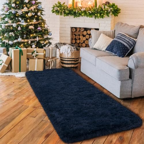 HOMORE 2'x6' Runner Rugs for Bedroom, Navy Blue Ruuner Rug for Hallway Entryway Laundry, Modern Shag Bedroom Runner Cute Carpets for Kids Dorm Bedside