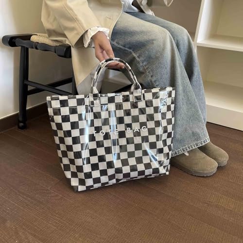 Image of Lushandy Striped PVC Tote Bag for Women, Waterproof Plastic Tote Bag for Beach Pool Large Top Handle Travel Hobo Handbag | Waterproof Material