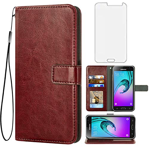 Asuwish Compatible with Samsung Galaxy J3 2016/J 3 V/J36V/Sky/Amp Prime Wallet Case Tempered Glass Screen Protector Flip Cover Card Holder Accessories Phone Cases for Glaxay Sol J3V JV3 J320V Brown