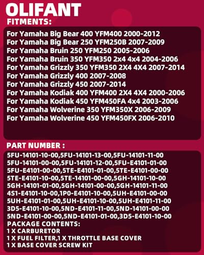 Image of Carburetor For Yamaha Big Bear 250 400 /Bruin 250 350 /Grizzly 350 400 450 /Kodiak 400 450 /Wolverine 350 450 /5FU-14101-10-00