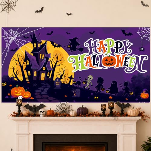 Image of Halloween Decorations Outdoor, Halloween Backdrop 65 inch x 32.7 inch Plastic Banner for Wall and Window, Spooky Party Decor, Indoor Outdoor Use, Outdoor Halloween Decorations, Trick or Treat Supplies