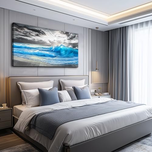 PHAOHUAXM Beach Wall Pictures Canvas Artworks Wall Decor For Living Room Canvas Wall Art For Bedroom Restaurant Office Decorations Blue Sea Wave Ocean Paintings Home Decor Ready To Hang 24x48 In