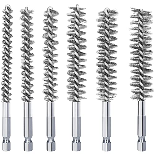 Image of 6Pcs Stainless Steel Bore Brush in Different Sizes Twisted Wire Cleaning Brush with Handle 1 /4 Inch Hex Shank for Power Drill Impact Driver