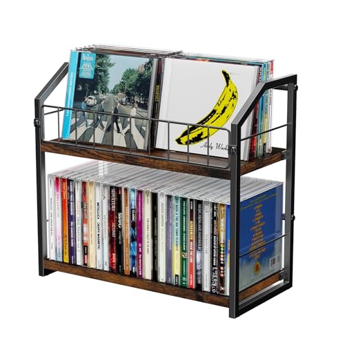 PAPAGIFTREE 2-Tier CD Holder Clear CD Storage Rack for Non-slip Feets CD Organizer with Dispay Top Shelf Premium CD shelf for Home Office Holds Up to 60 Standard Rectangular Jewel Cases (Brown)