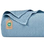 PHF 100% Cotton Waffle Blanket, Cuddly Blanket, 220 x 240 cm, Lightweight and Breathable, Perfect for Summer, Oeko-Tex® Certified, Hotel Linen Quality, Ideal for Sofa, Couch, Bed, Dusty Blue