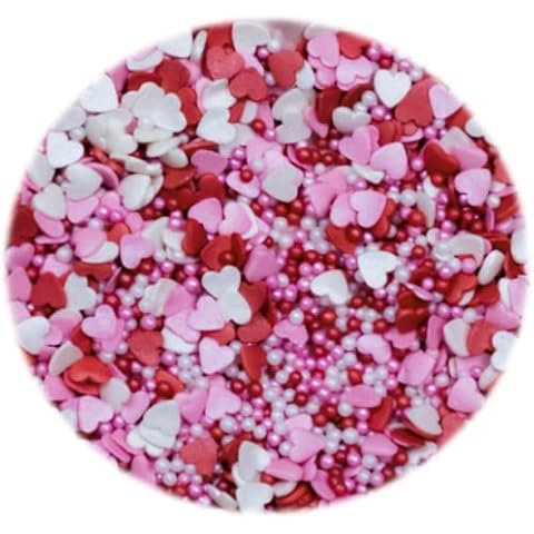 Red Pink & White Hearts & Pearls Cupcake / Cake Decoration Sprinkles (50g) Cover