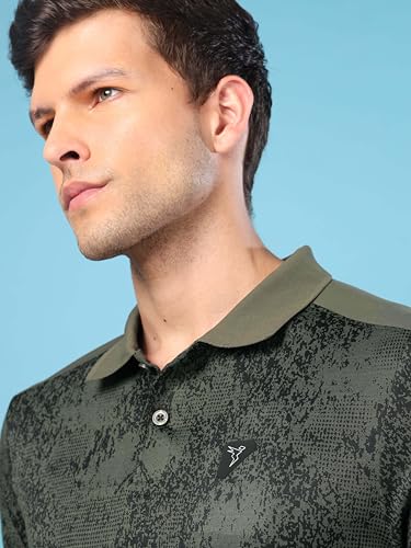 Image of TECHNOSPORT Men's Slim Fit Polyester Sporty Print Athleisure Polo T-Shirt with Half Sleeve, Moisture Wicking and Quick Dry