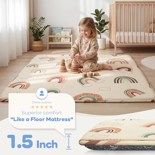 Image of 1.5 inch Extra Thick Baby Play Mat, 50x50 Memory Foam Play Mat, Rainbow | Ultra Soft, Non-Slip Backing, Water-Repellent, Skin-Friendly for Baby, Padded Cushioned, Tummy Time Crawling for Nursery