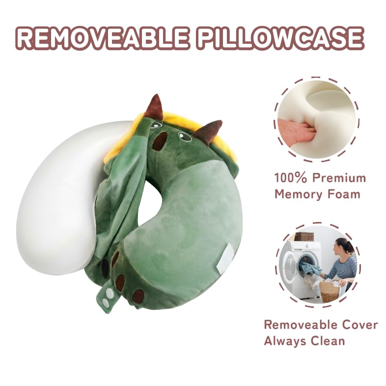 Image of Memory Foam Travel Neck Pillow for Teens and Adults, Dinosaur Design
