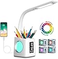 wanjiaone Study Desk Lamp with USB Charging Port&Screen&Calendar&Color Night Light, Kids Dimmable LED Table Lamp with Pen Holder&Clock, Reading Light for Students,10W