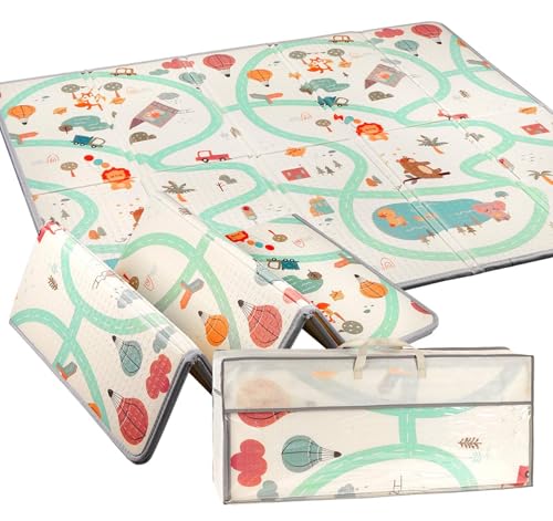 Spielmatte Baby Faltbar 200x180 cm, Krabbelmatte Baby Groß 1,5 cm Stark Gepolstert, Beidseitig Wendbare Faltbare Spielmatte Baby, Schadstoff frei, Wasserdichter und Rutschfester mit Tragetasche