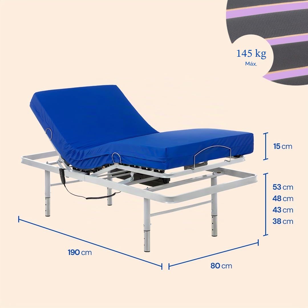 Geriafy Cama articulada con colchón Professional V3 MAX 80x190 cm | Patas regulables en 4 alturas, colchón viscoelástico de 15 cm, funda impermeable