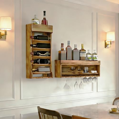 MYOYAY Geflammtes Holz Wand Weinregal, Vintage Holzregal Hausbar...