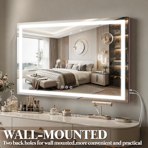 Image of FENNIO Large Vanity Mirror with Lights,40 inch x 28 inchMakeup Mirror with Lights,Hollywood Mirror with 3 Color Modes & Adjustable Brightness,Vanity Mirror Square Pink