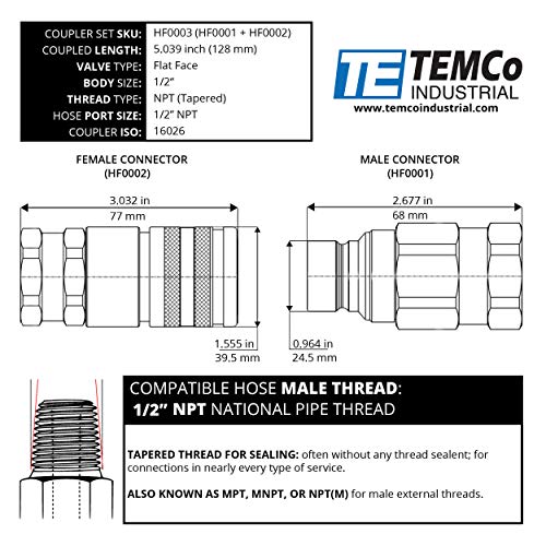 Image of TEMCo 1 /2 inch Female NPT Thread 1 /2 inch Body Male Hydraulic Coupler ISO 16028 Flat Face Quick Connect - HF0001