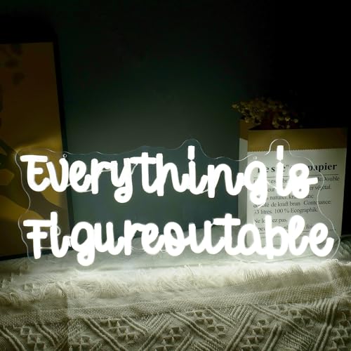 Everything is Figureoutable Neon Sign, Inspirational LED Decorations for Home Office School Room Desk Wall Art Decor,Reusable Acrylic White Neon Lights Gift for Woman, Man